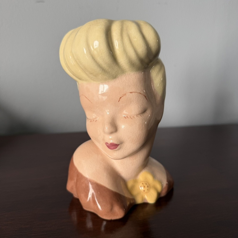 Vintage 1950's Retro Lady Head Vase 6.5" Tall Porcelain Hand Painted